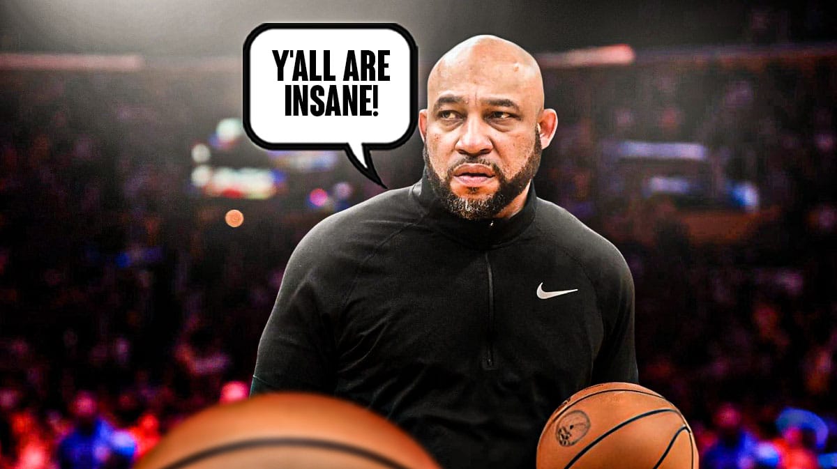 Darvin Ham with a speech bubble that says "Y'all are insane!"