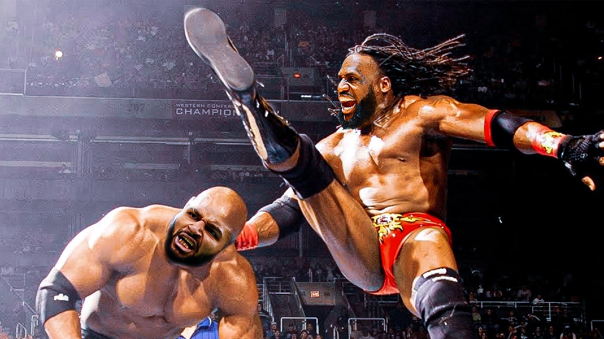 LeBron James (Lakers) as Booker T (RIGHT) with Jamal Murray (Nuggets) as Bobby Lashley (LEFT)