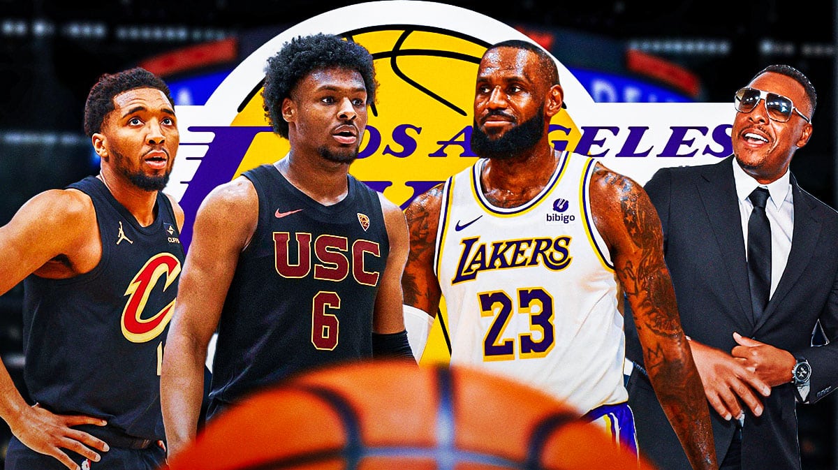 Cleveland Cavaliers player Donovan Mitchell, USC basketball's Bronny James, Los Angeles Lakers player LeBron James, and former NBA player Paul Pierce