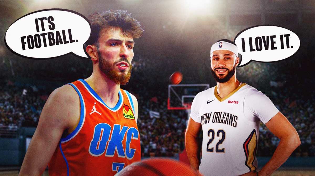 Thunder's Chet Holmgren with Pelicans' Larry Nance Jr.