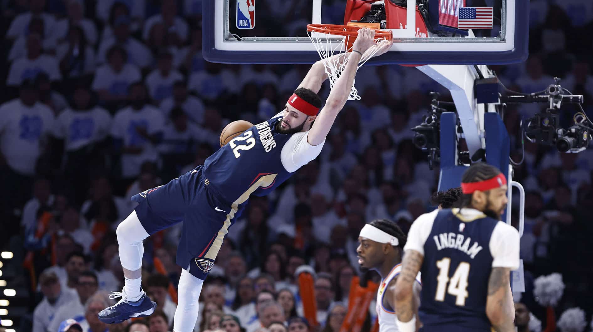 New Orleans Pelicans forward Larry Nance Jr. (22) dunks against the Oklahoma City Thunder during the fourth quarter of game one of the first round for the 2024 NBA playoffs at Paycom Center
