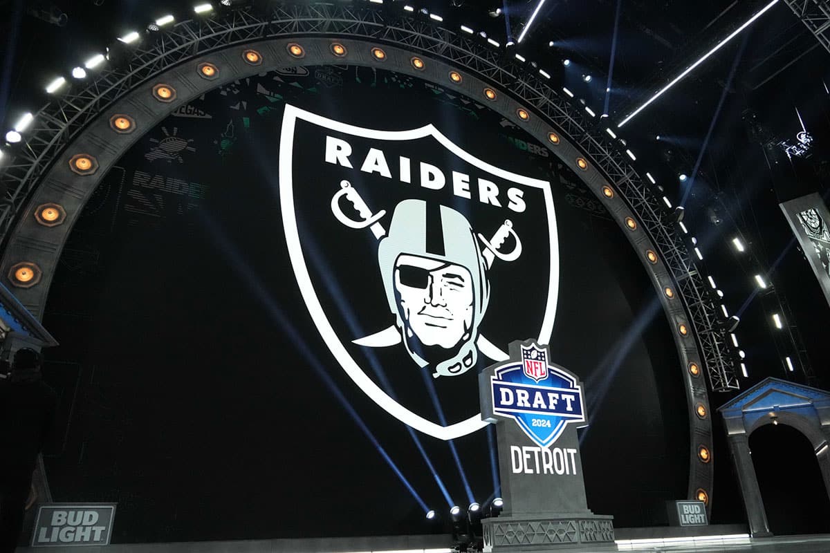 A Las Vegas Raiders logo at the 2024 NFL Draft at Campus Martius Park and Hart Plaza.