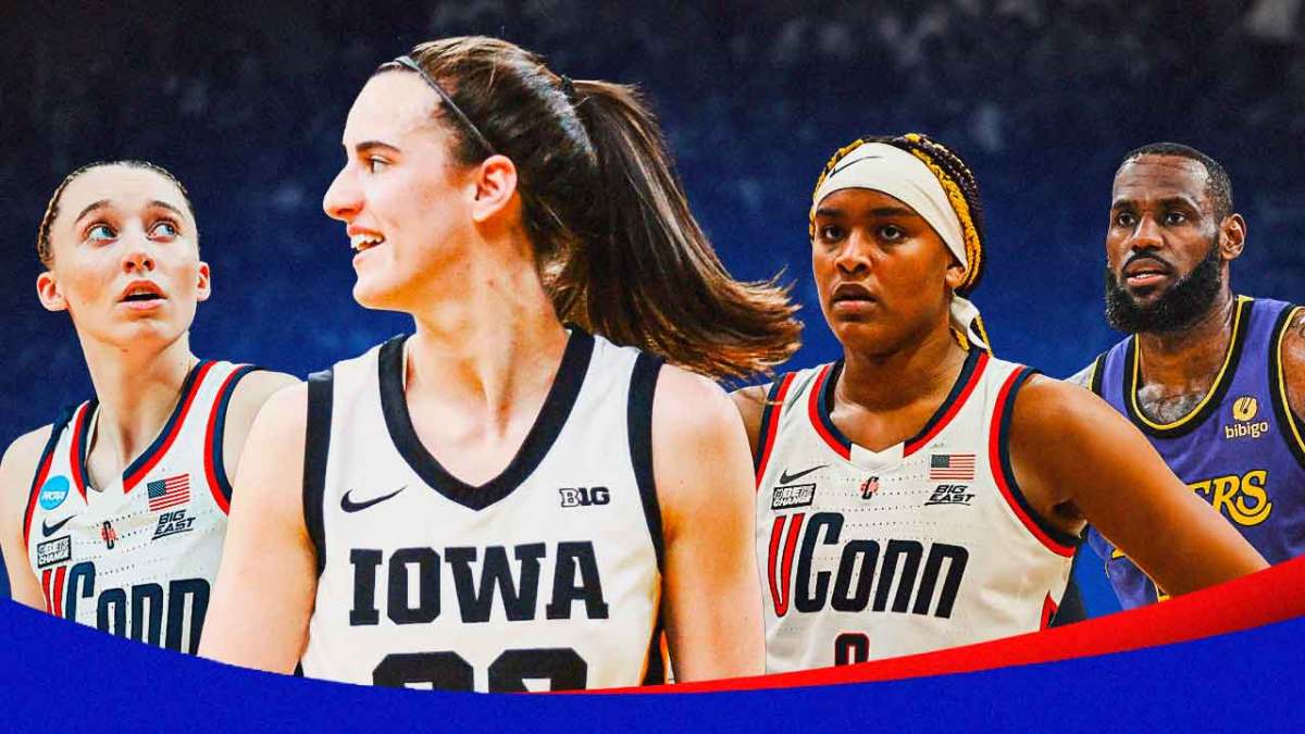 Lakers' LeBron James looking confused, with Iowa's Caitlin Clark smiling and UConn's Paige Bueckers and Aaliyah Edwards looking angry