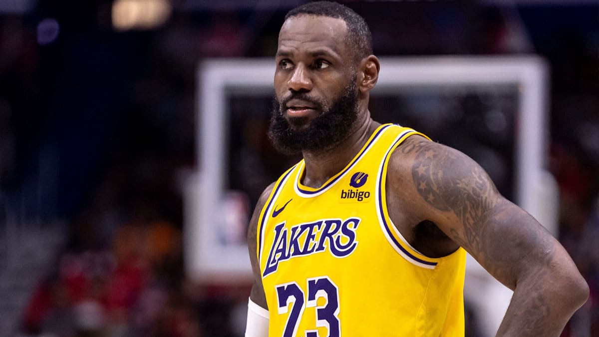 Los Angeles Lakers forward LeBron James (23) looks on against the New Orleans Pelicans during the second half of a play-in game of the 2024 NBA playoffs at Smoothie King Center.