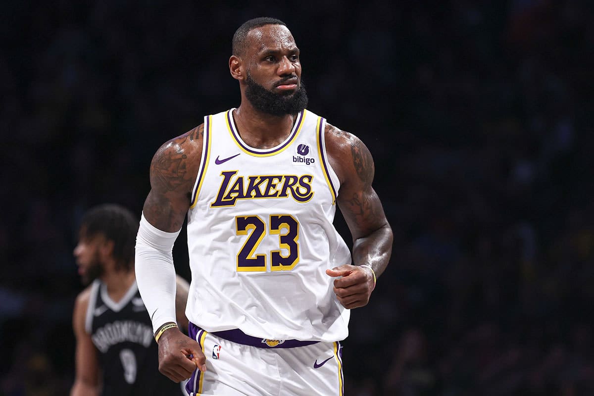  Los Angeles Lakers forward LeBron James (23) reacts after a basket against the Brooklyn Nets during the first half at Barclays Center.