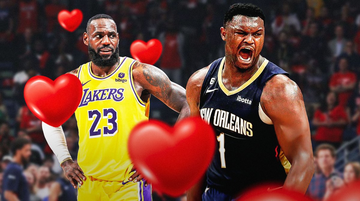 Lakers' LeBron James with hearts all over him (NOT heart eyes), while looking at a hyped up Pelicans' Zion Williamson