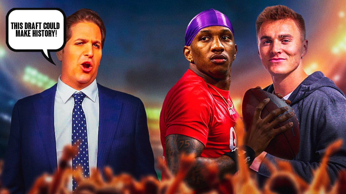 Sportscaster Peter Schrager next to University of Washington QB Michael Penix Jr. and University of Oregon QB Bo Nix. Schrager has a speech bubble that says “This draft could make history!”