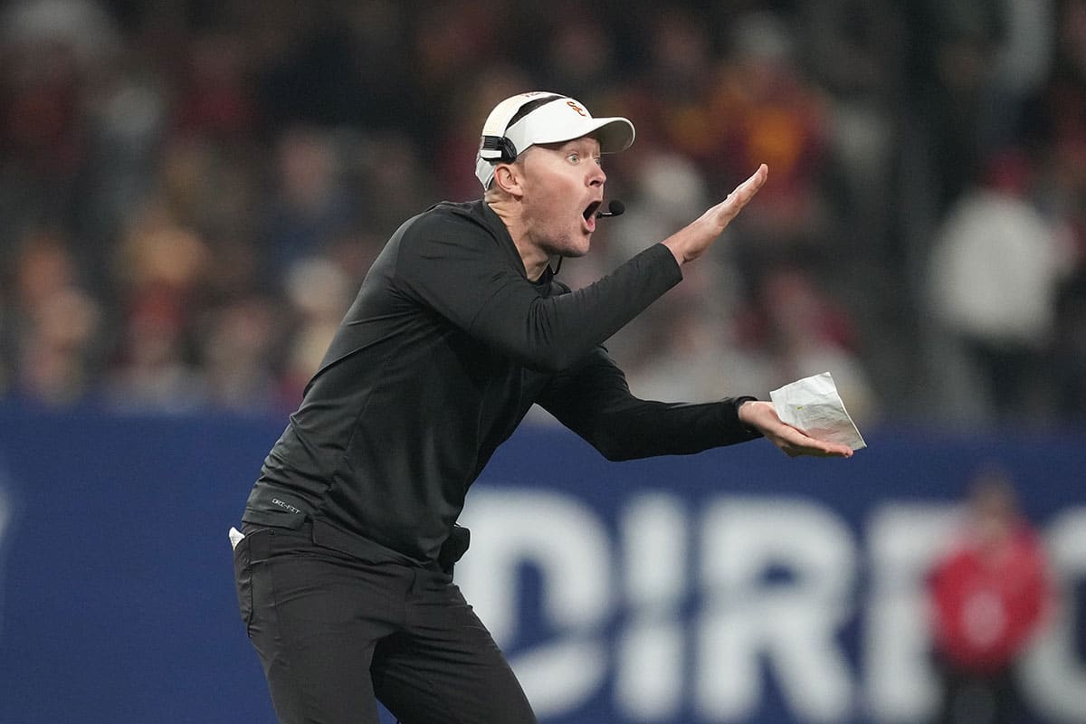  Southern California Trojans head coach Lincoln Riley reacts in the second half against the Louisville Cardinals during the Holiday Bowl at Petco Park.