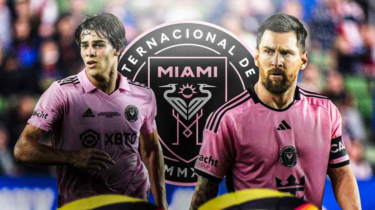 Lionel Messi looking bored next to Benjamin Cremaschi in front of the Inter Miami logo