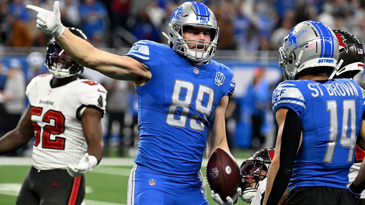 Detroit Lions tight end Brock Wright (89) reacts after a play against the Tampa Bay Buccaneers during the second half in a 2024 NFC divisional round game at Ford Field.