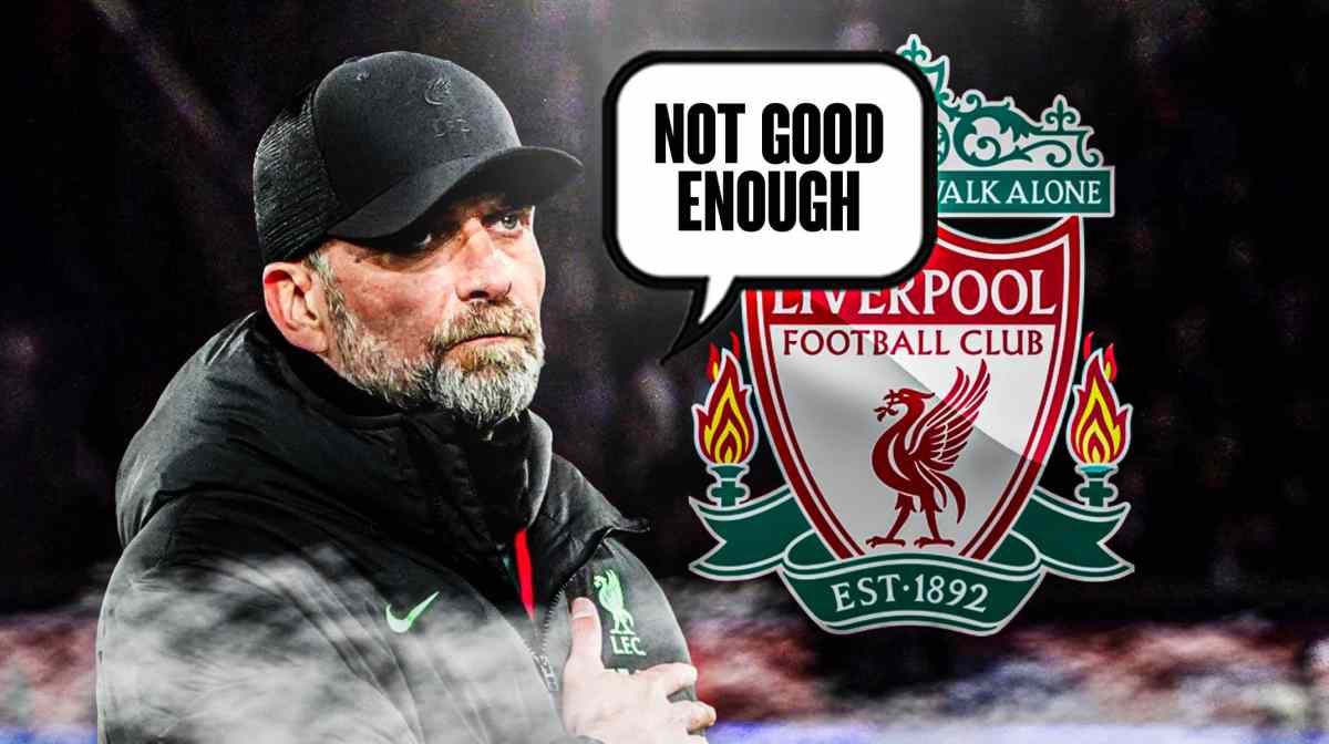 Jurgen Klopp saying: 'Not good enough' in front of the Liverpool logo