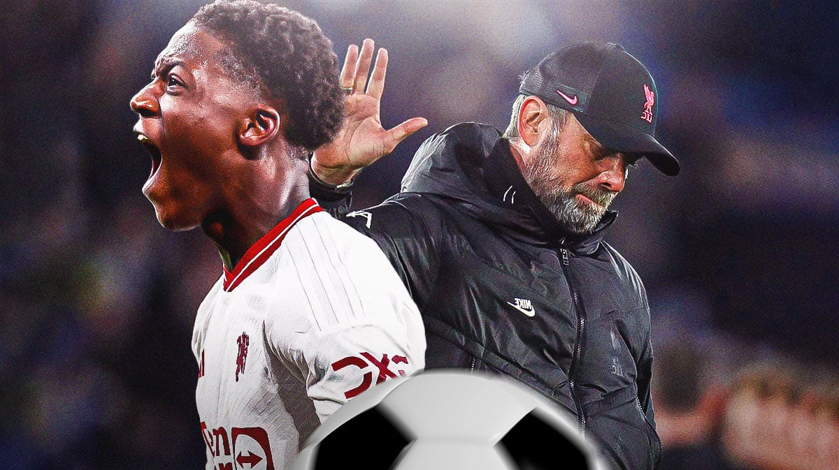 Liverpool manager Jurgen Klopp looking sad next to Manchester United MF Kobbie Mainoo celebrating, looking happy.