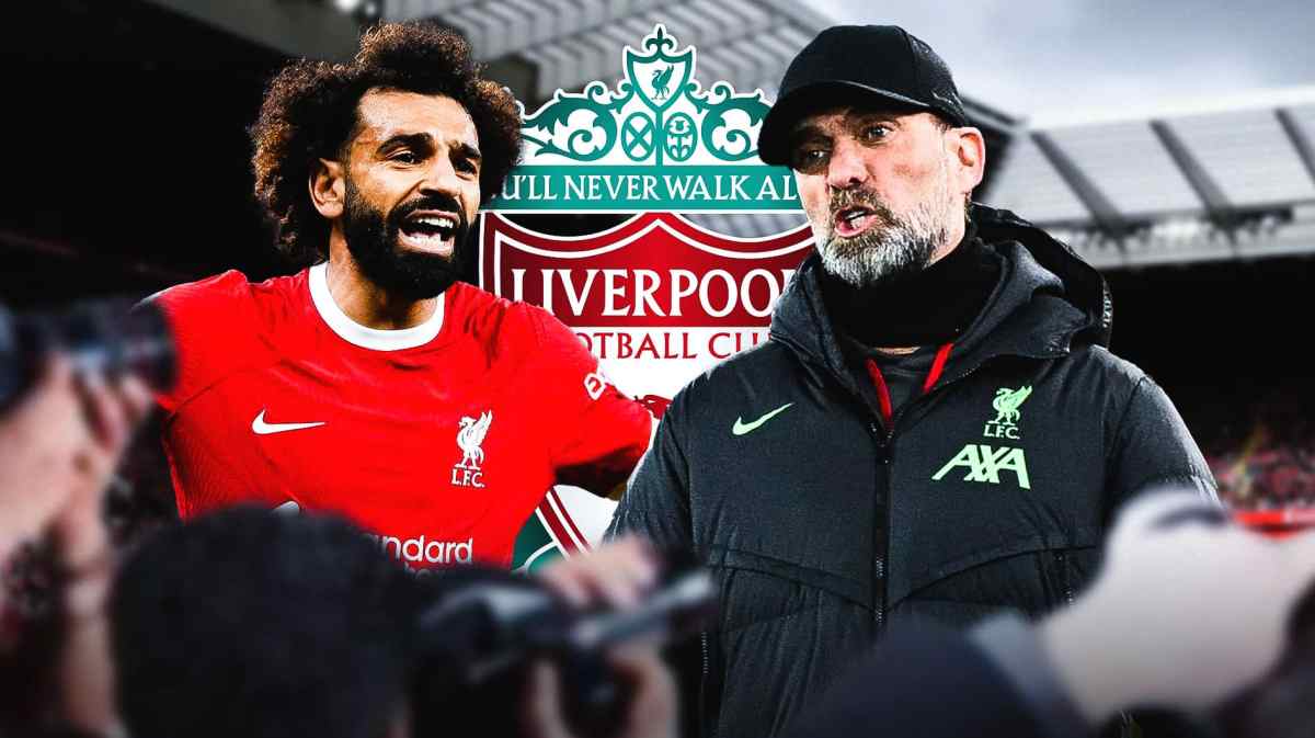 Mohamed Salah and Jurgen Klopp shouting towards each other, the Liverpool logo at the back