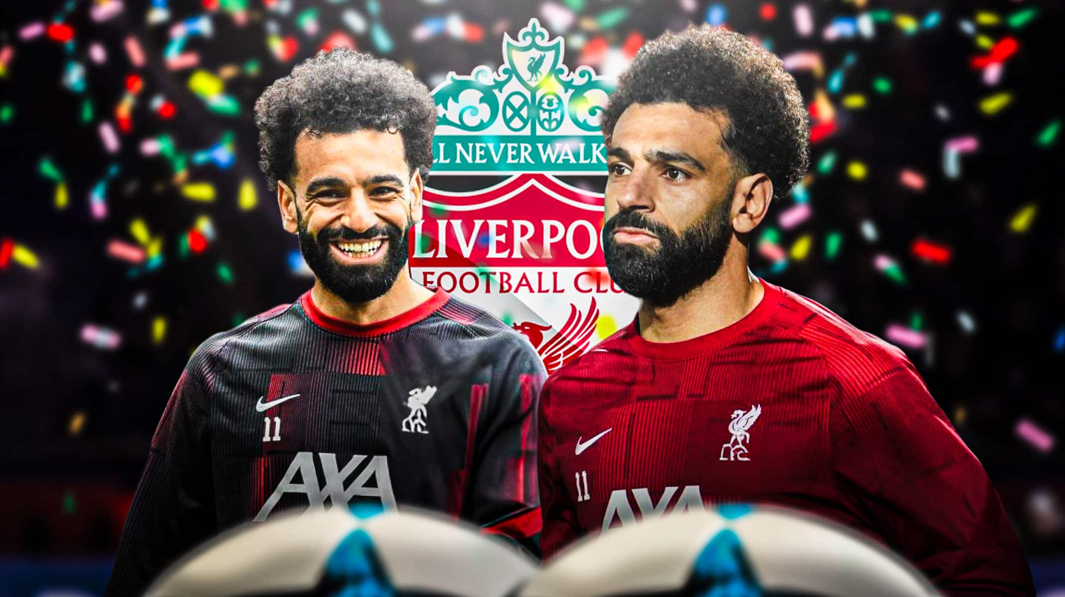 Multiple images of Mohamed Salah celebrating and being sad/looking down in front of the Liverpool logo
