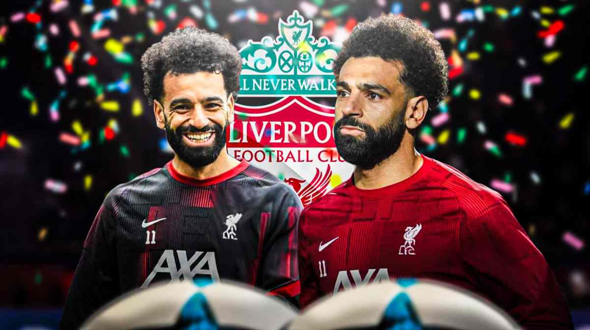 Multiple images of Mohamed Salah celebrating and being sad/looking down in front of the Liverpool logo