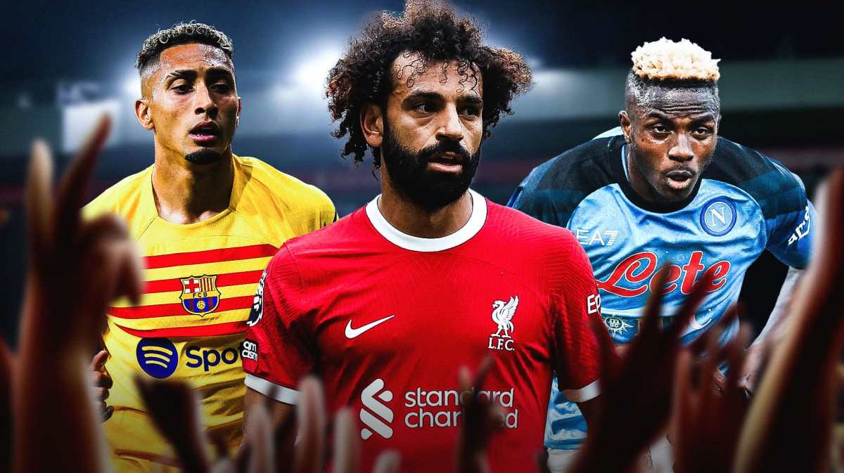 Mohamed Salah in the middle, Victor Osimhen and Raphinha on the sides, the Liverpool logo behind them