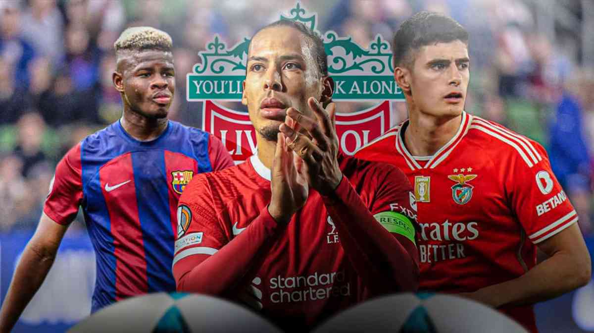 Virgil van Dijk in the middle, Mikayil Faye and Antonio Silva on the sides, the Liverpool logo behind them