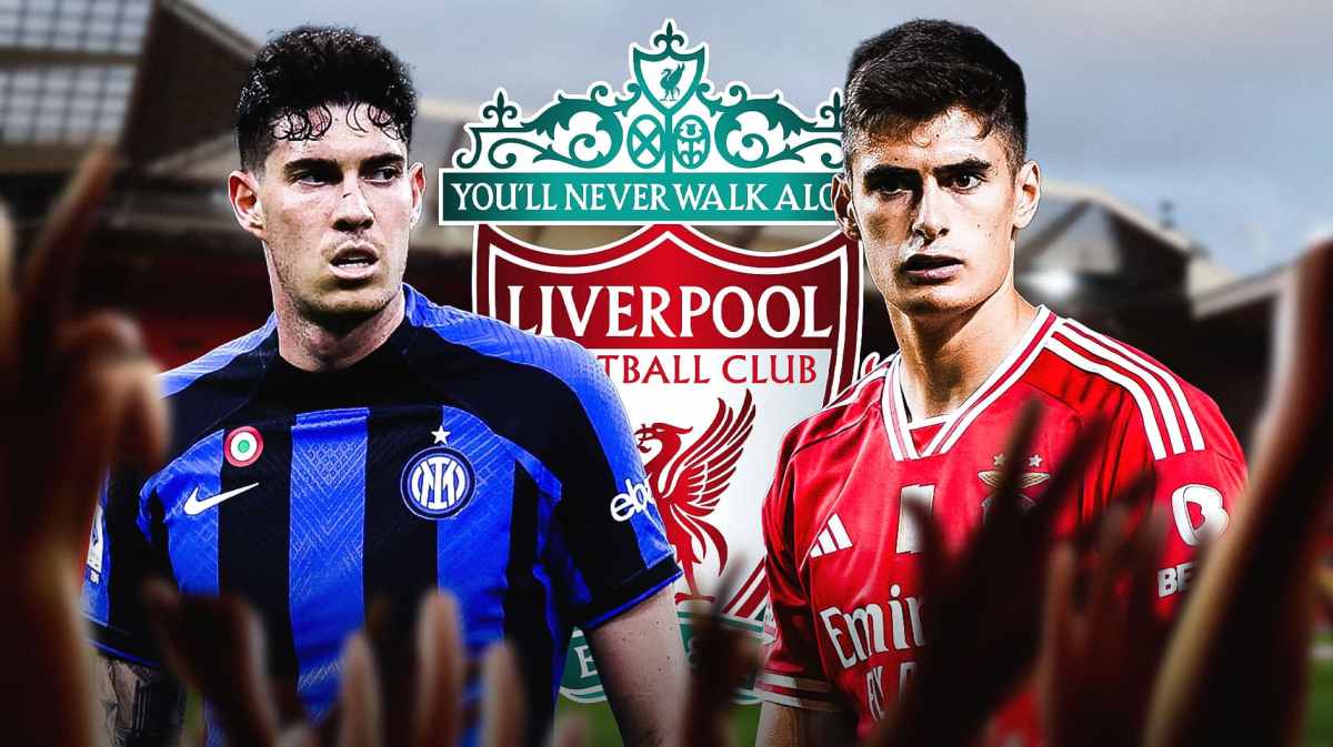 Antonio Silva, Alessandro Bastoni in front of the Liverpool logo