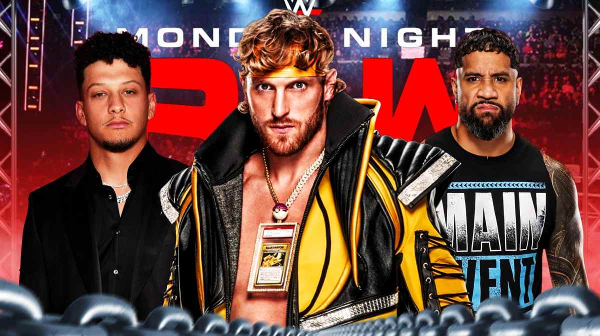 WWE's Logan Paul with Patrick Mahomes on his right and Jey Uso on his left with the Monday Night RAW logo as the background.