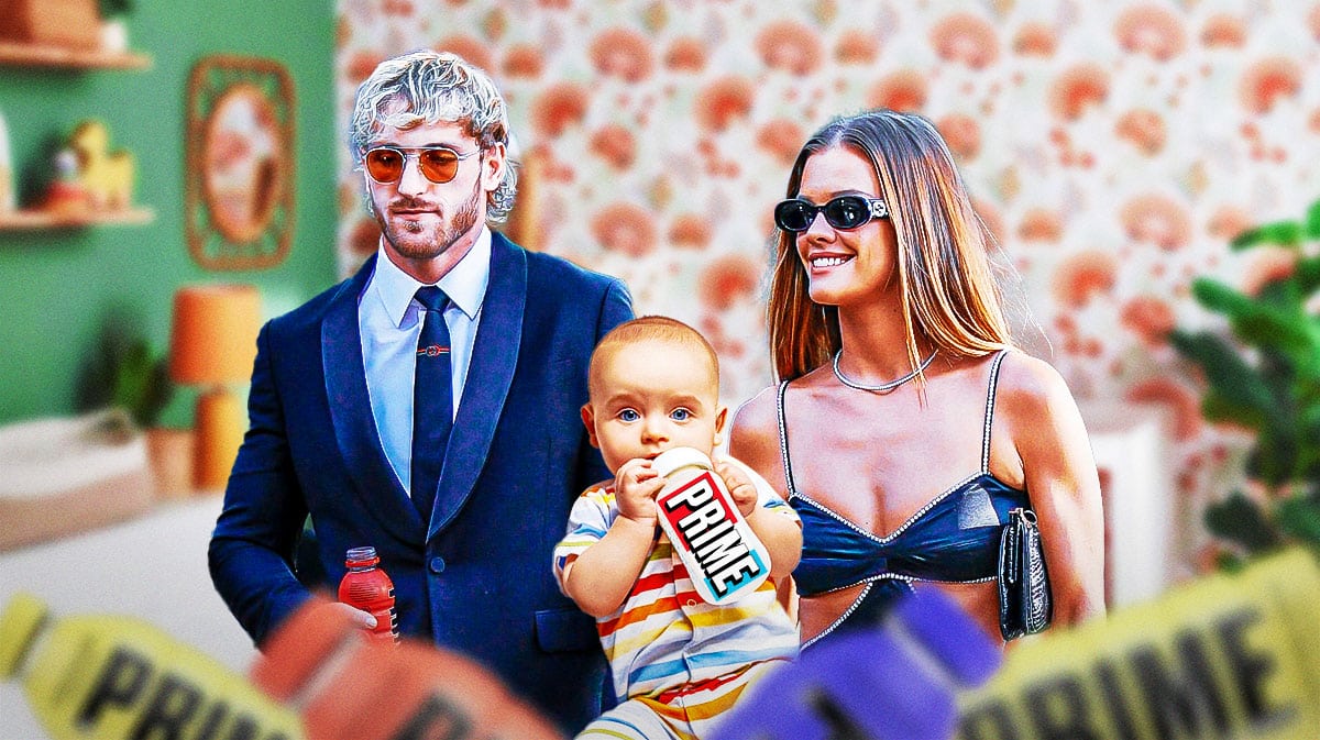 Logan Paul, Nina Agdal, and a baby drinking from a bottle that has the PRIME hydration logo on it