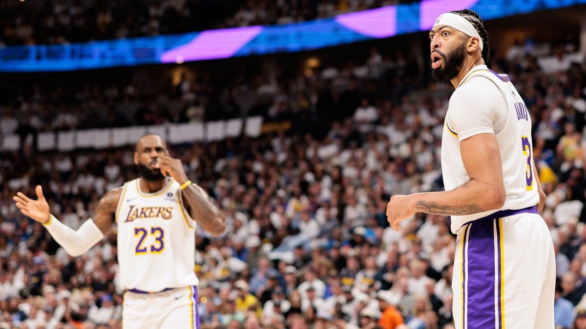 Apr 20, 2024; Denver, Colorado, USA; Los Angeles Lakers forward Anthony Davis (3) and forward LeBron James (23) react during the first quarter against the Denver Nuggets in game one of the first round for the 2024 NBA playoffs at Ball Arena. Mandatory Credit: Andrew Wevers-USA TODAY Sports