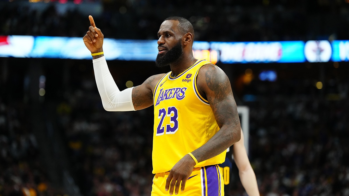 Los Angeles Lakers forward LeBron James (23) calls for a review in the first quarter against the Denver Nuggets during game two of the first half during the 2024 NBA playoffs at Ball Arena. 