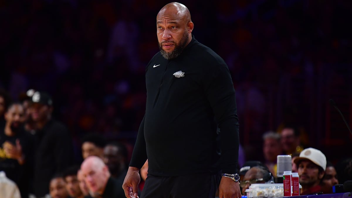 Apr 25, 2024; Los Angeles, California, USA; Los Angeles Lakers head coach Darvin Ham watches game action against the Denver Nuggets during the first half in game three of the first round for the 2024 NBA playoffs at Crypto.com Arena. Mandatory Credit: Gary A. Vasquez-USA TODAY Sports
