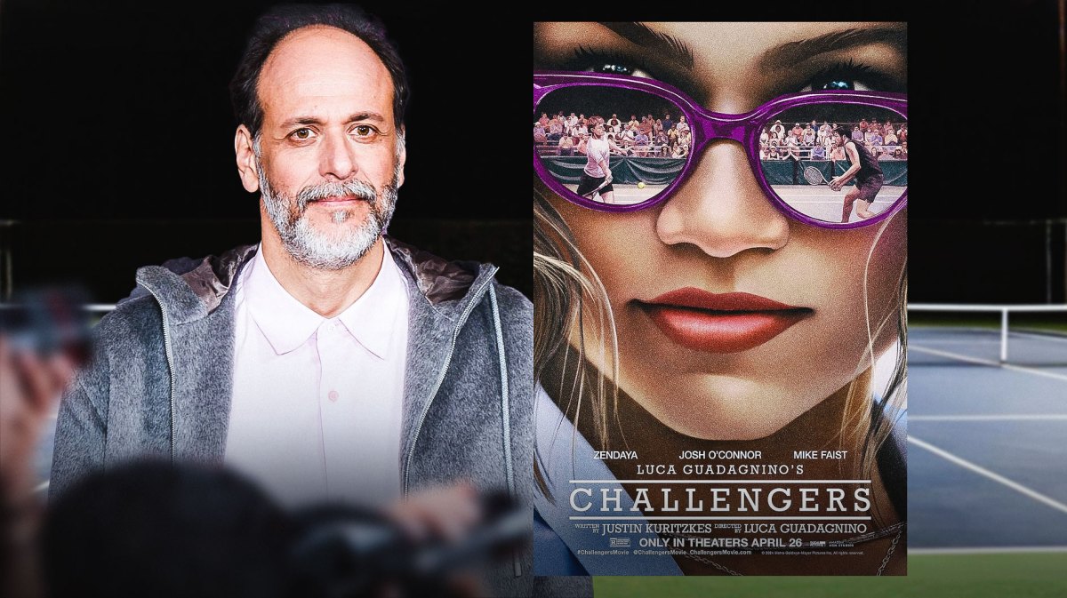 Luca Guadagnino with Zendaya Challengers poster and tennis court background.