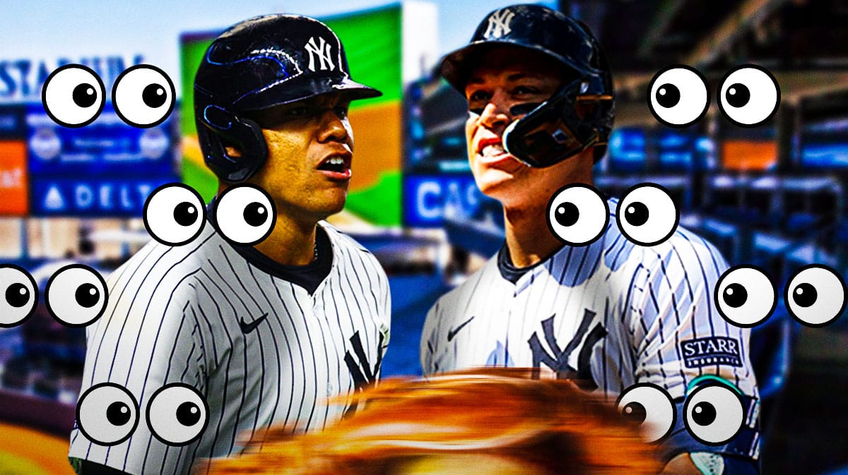 Photo: Juan Soto and Aaron Judge both in action in Yankees jerseys, Yankee Stadium as background, have some peeping eyes all around them