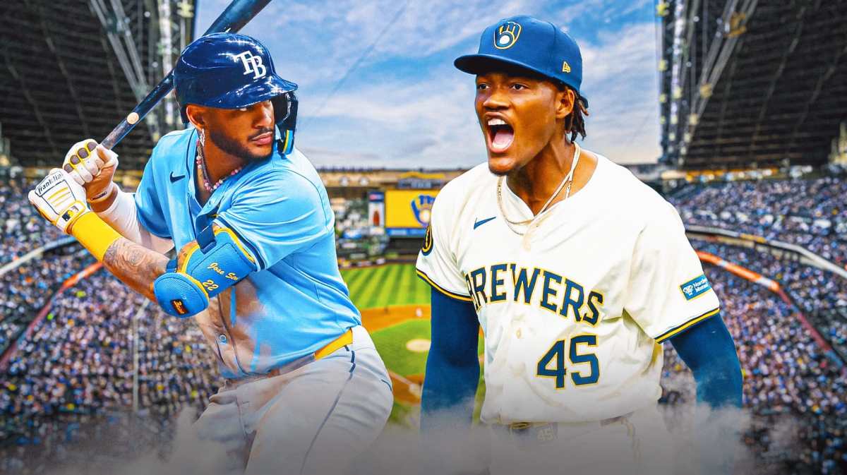 Rays' Jose Siri, Brewers' Abner Uribe, American Family Field in back