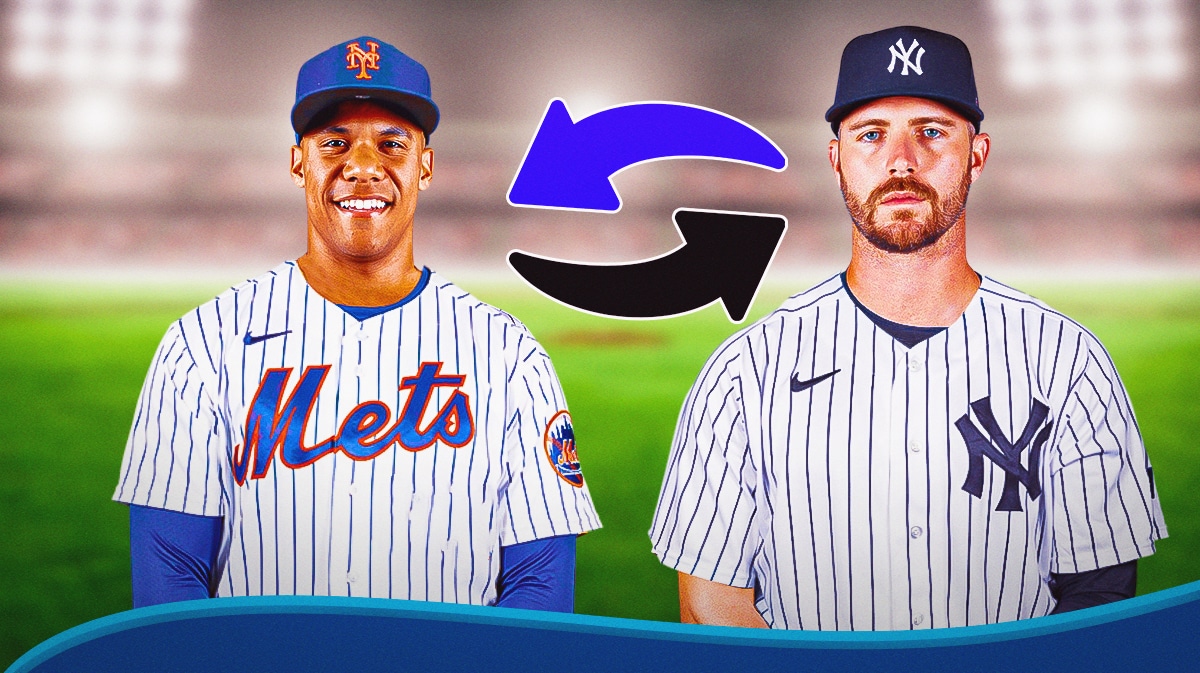 Juan Soto in a Mets uniform, Pete Alonso in a Yankees uniform, with swap symbol between them