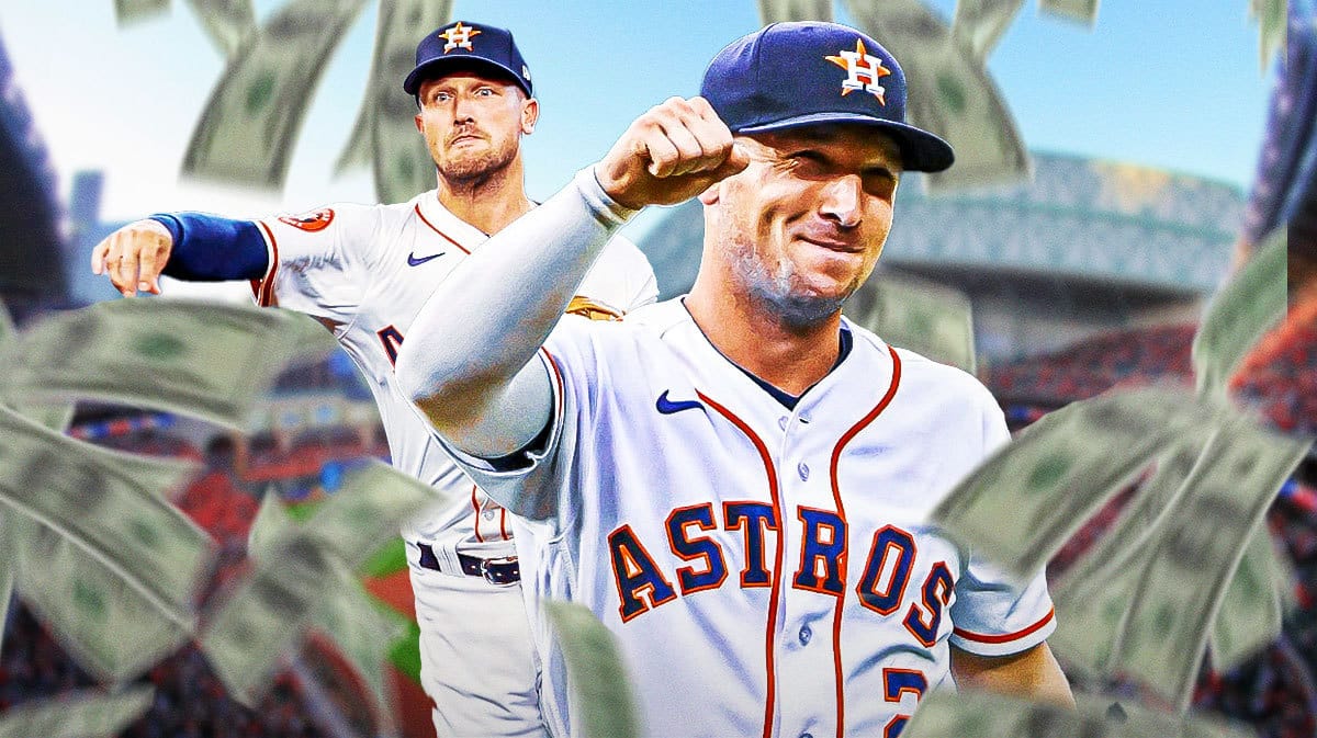 Astros' Alex Bregman smiling, with dollars falling from the sky