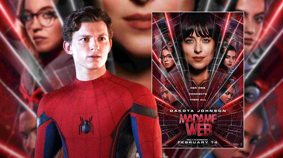 Tom Holland as MCU Spider-Man next to Madame Web poster.