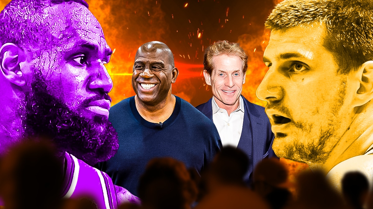 Magic Johnson and Skip Bayless smiling in the middle, with LeBron and Jokic facing each other in wrestling-style face-off