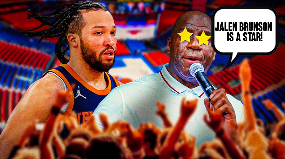 Photo: Magic Johnson saying "Jalen Brunson is a STAR!" have Johnson with star eyes, have Brunson in Knicks jersey