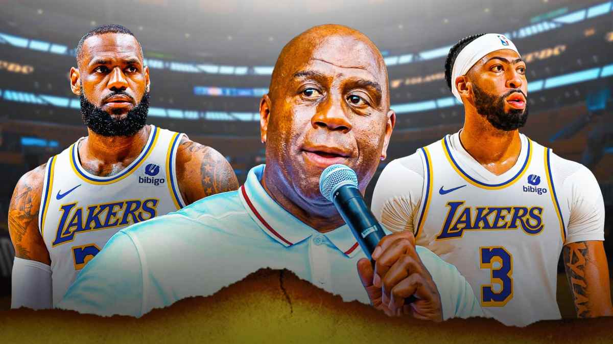 Magic Johnson with Lakers Anthony Davis and LeBron James after loss to Nuggets