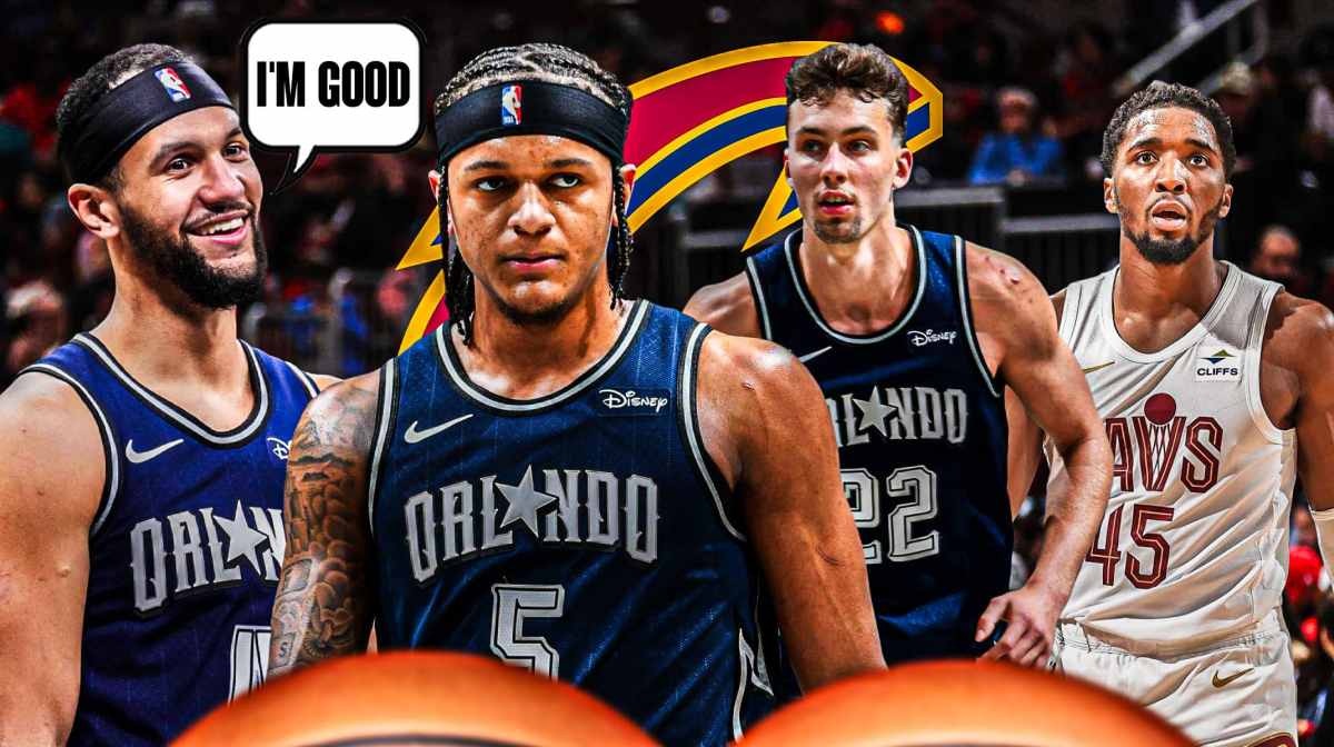 Magic's Jalen Suggs saying "i'm good" next to Paolo Banchero, Franz Wagner, and Cavs Donovan Mitchell