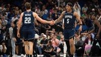 Orlando Magic forward Paolo Banchero (5) celebrates with Orlando Magic forward Franz Wagner (22) in the fourth quarter against the Toronto Raptors at KIA Center