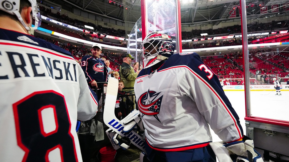 Columbus Blue Jackets goalie Malcolm Subban (32) comes off the ice after the warmups before the game against the Carolina Hurricanes at PNC Arena.