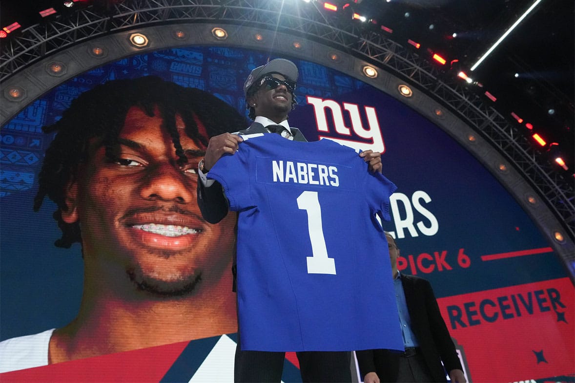 LSU Tigers wide receiver Malik Nabers poses after being selected by the New York Giants as the No. 6 pick in the first round of the 2024 NFL Draft at Campus Martius Park and Hart Plaza