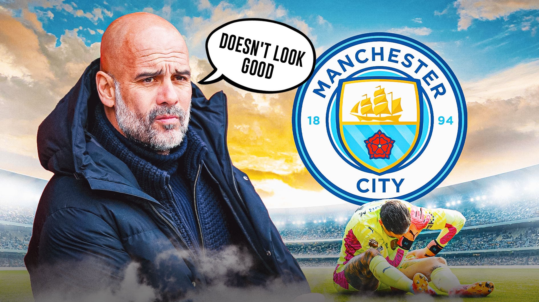 Pep Guardiola saying: 'Doesn't look good' next to an injured/sad looking Ederson, the Manchester City logo behind them