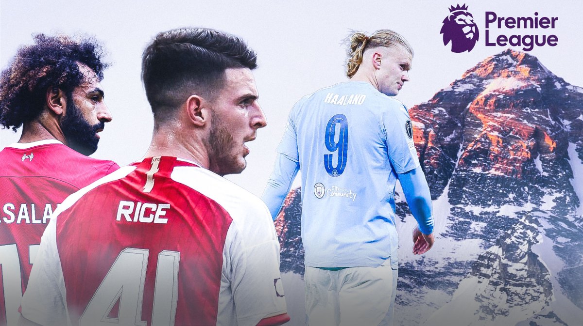 Erling Haaland climbing a mountain ahead of Mohamed Salah and Declan Rice climbing behind him, the Premier League logo at the summit manchester city