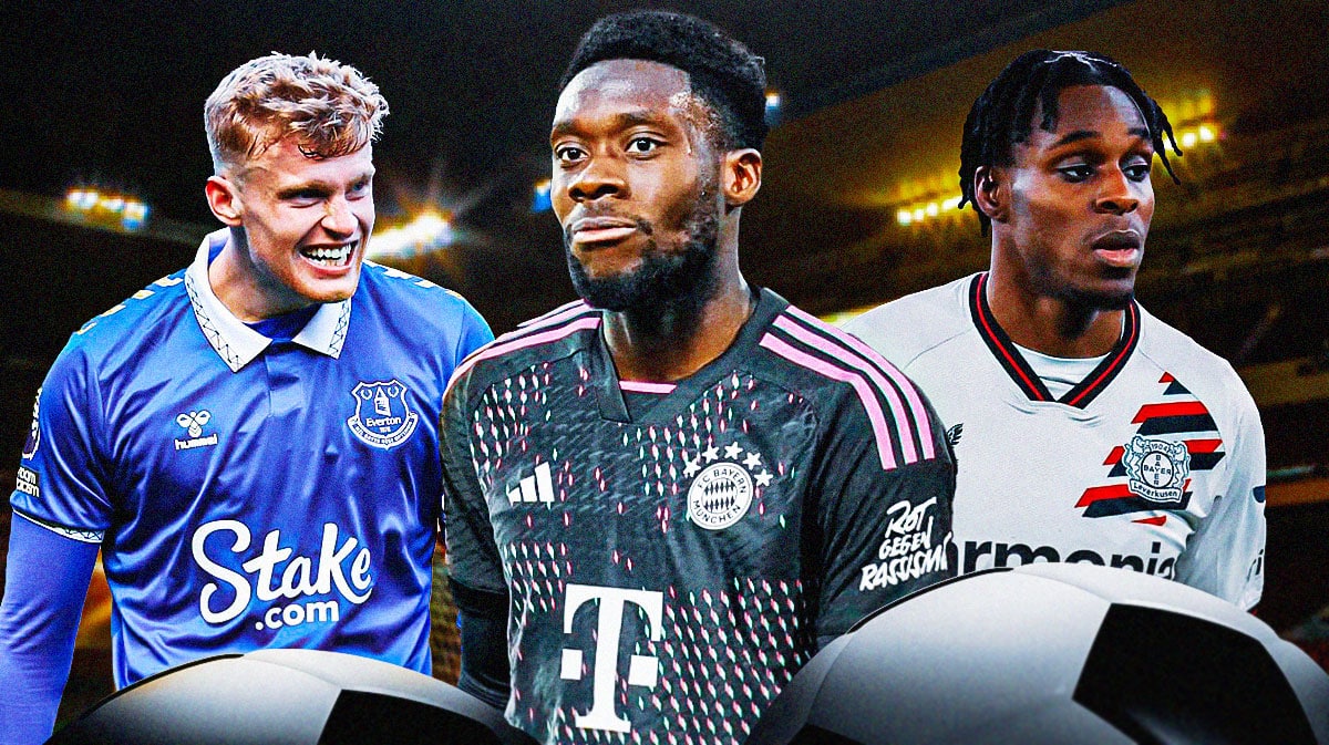 Alphonso Davies, Jeremie Frimpong, Jarrad Branthwaite in front of the Manchester City logo