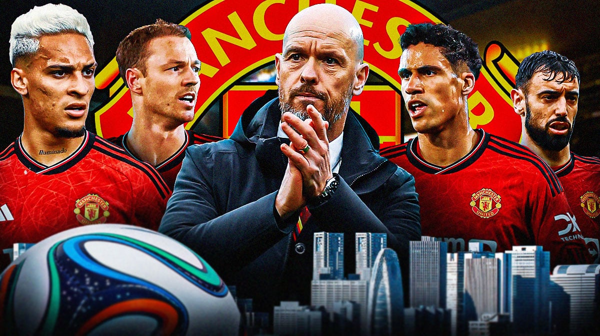 Erik ten Hag in front of the Manchester United logo in the middle, Jonny Evans, Raphael Varane, Antony, Bruno Fernandes on the sides