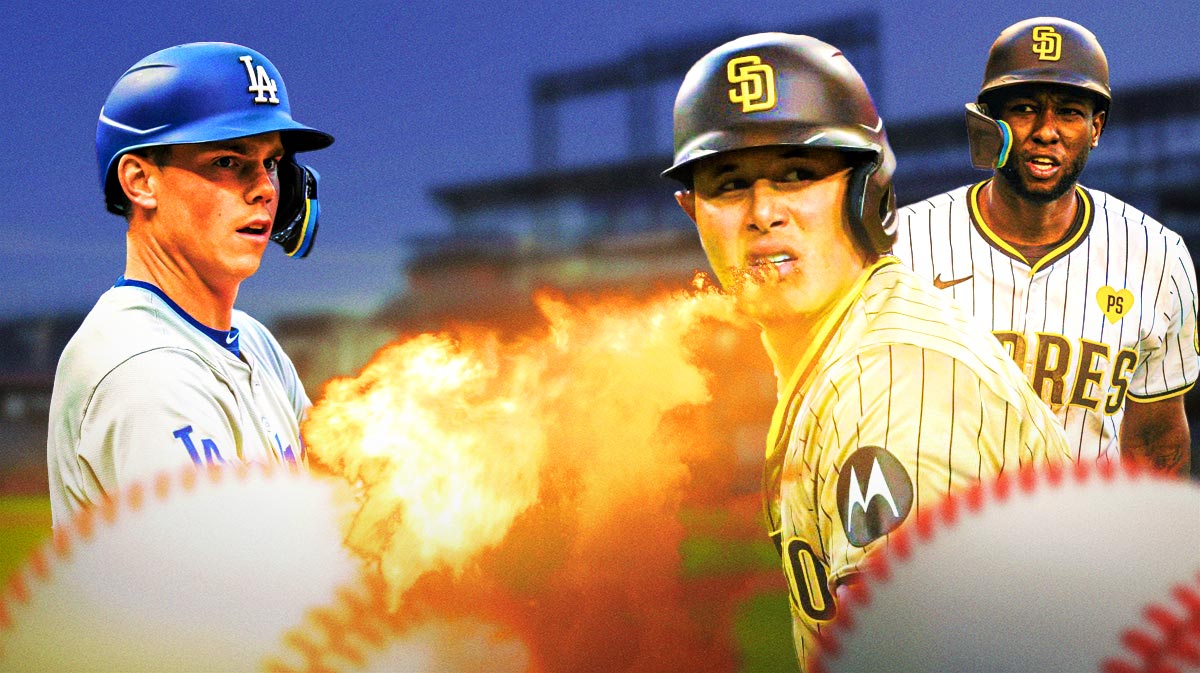 Padres player Manny Machado with fire at Will Smith and Jurickson Profar looking at Machado.