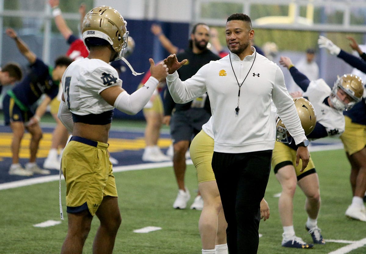 Notre Dame Head Coach Marcus Freeman at Notre Dame spring football practice 