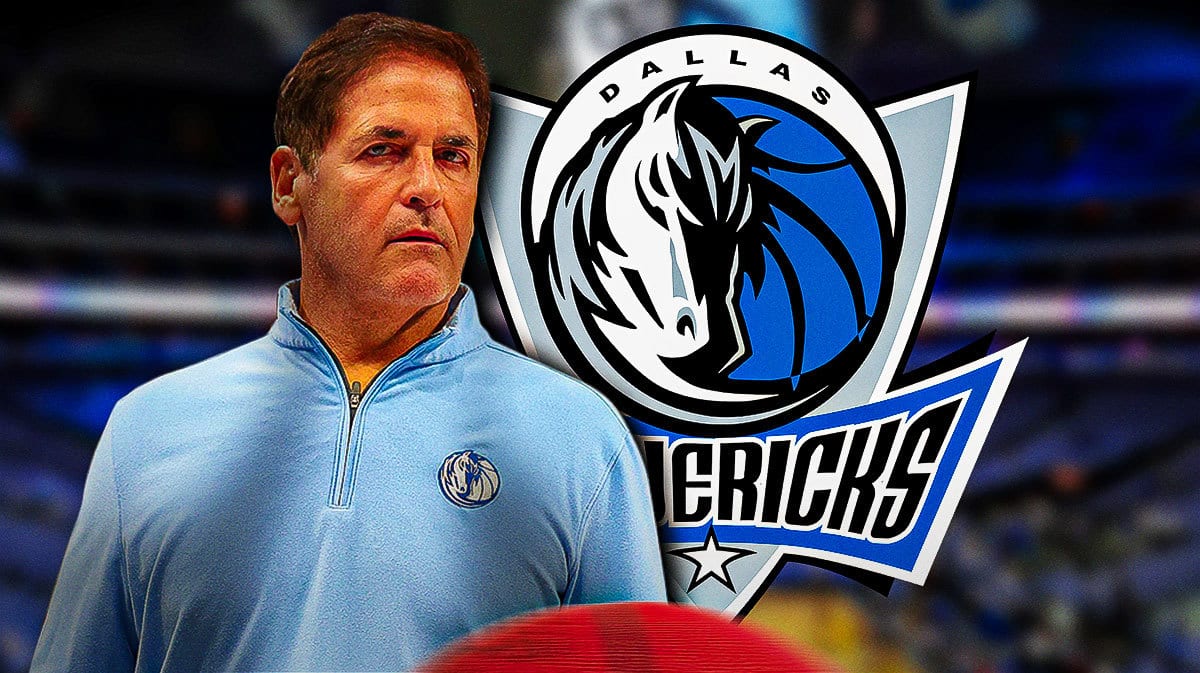 Mark Cuban on left, Mavericks' logo on right, American Airlines Center in background.