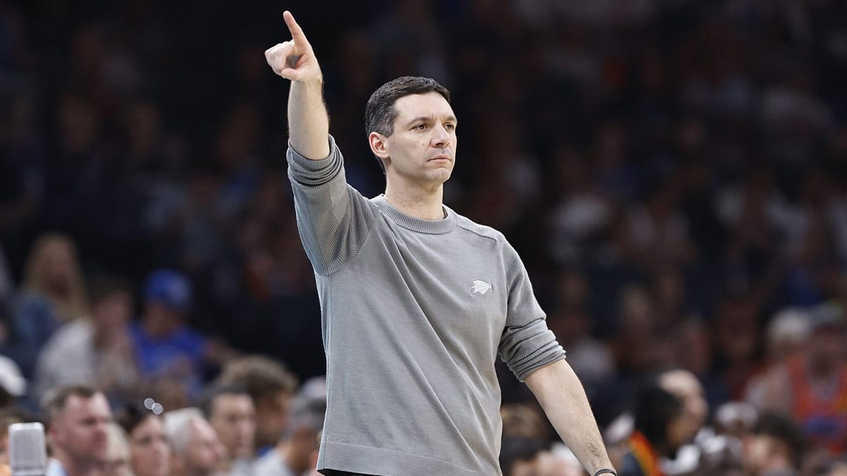  Oklahoma City Thunder head coach Mark Daigneault gestures to his team during a play against the Dallas Mavericks in the second half at Paycom Center.