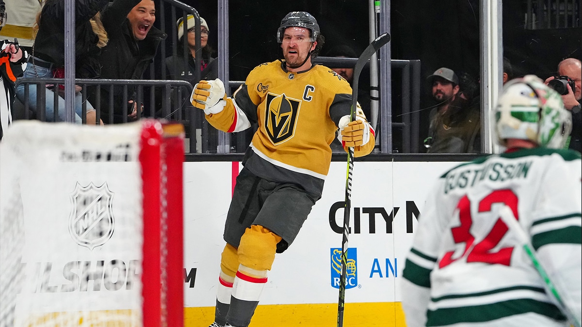 Vegas Golden Knights right wing Mark Stone (61) celebrates after scoring a goal against the Minnesota Wild during the third period at T-Mobile Arena.