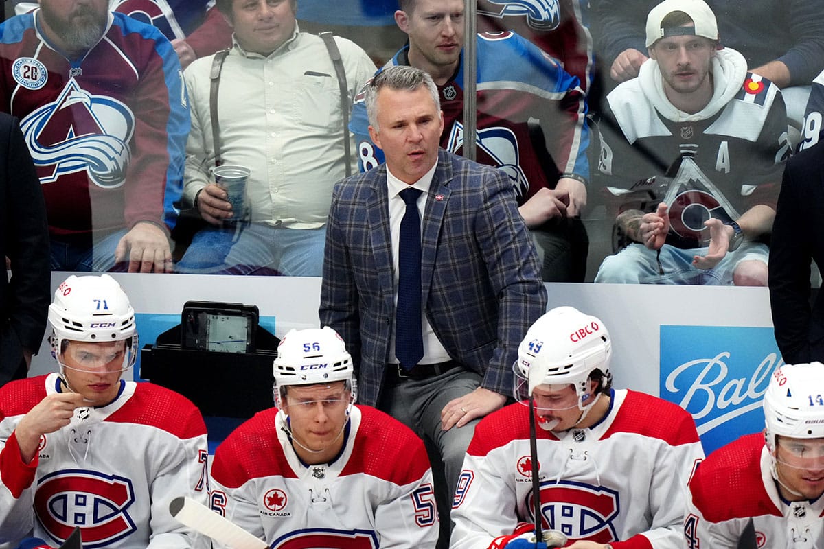 Montreal Canadiens head coach Martin St. Louis during the first period against the Colorado Avalanche at Ball Arena.